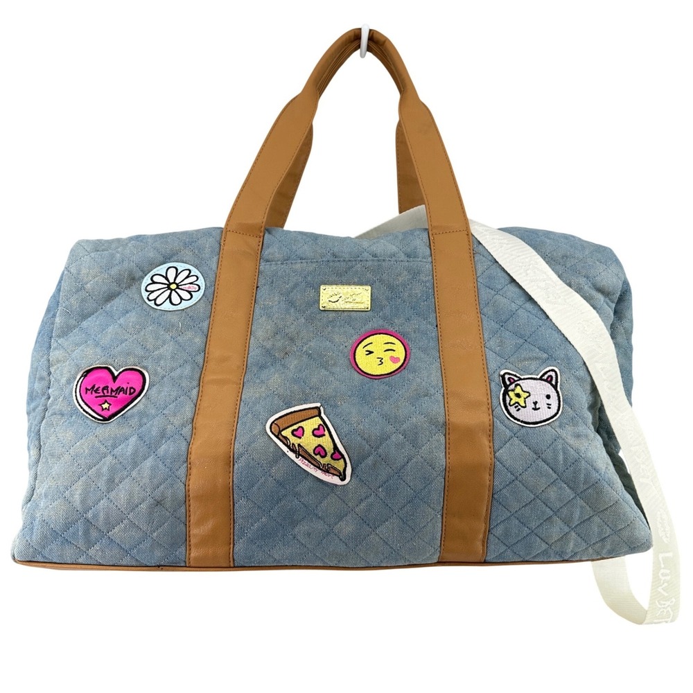 Luv Betsey by Betsey Johnson Quilted Denim Patch Duffel Bag Blue Metallic JUMBO